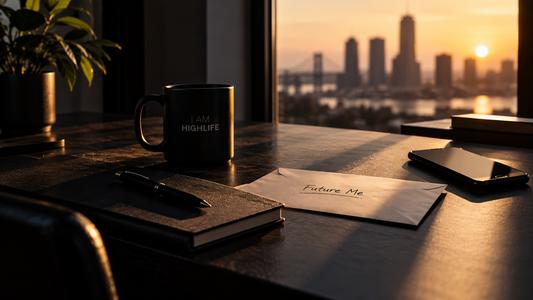 I AM HIGHLIFE Future Self decisions editorial image with a Future Me envelope on an ordinary desk