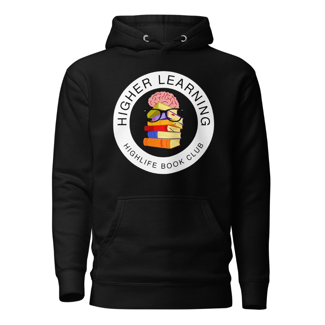 Higher Learning Highlife Book Club Hoodie front view with book-inspired design Black