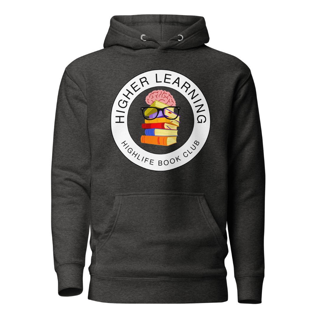 Higher Learning Highlife Book Club Hoodie front view with book-inspired design Charcoal