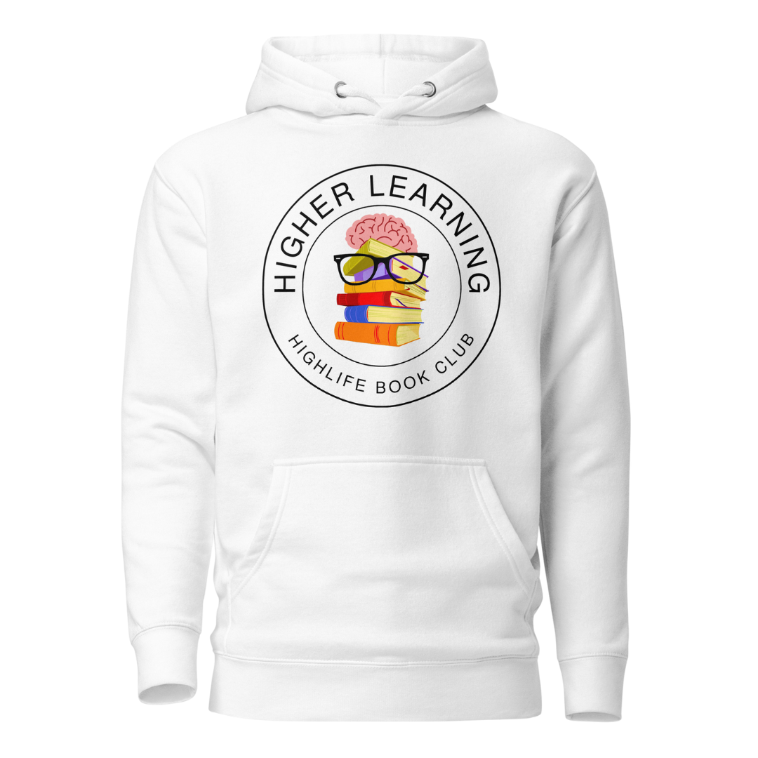 Higher Learning Highlife Book Club Hoodie front view with book-inspired design White