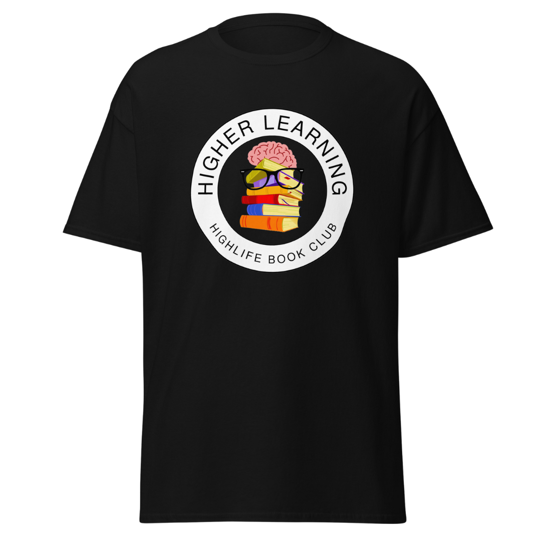 Higher Learning Highlife Book Club T-Shirt front view with book-inspired design Black