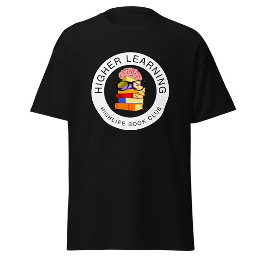 Higher Learning Highlife Book Club T-Shirt front view with book-inspired design Black