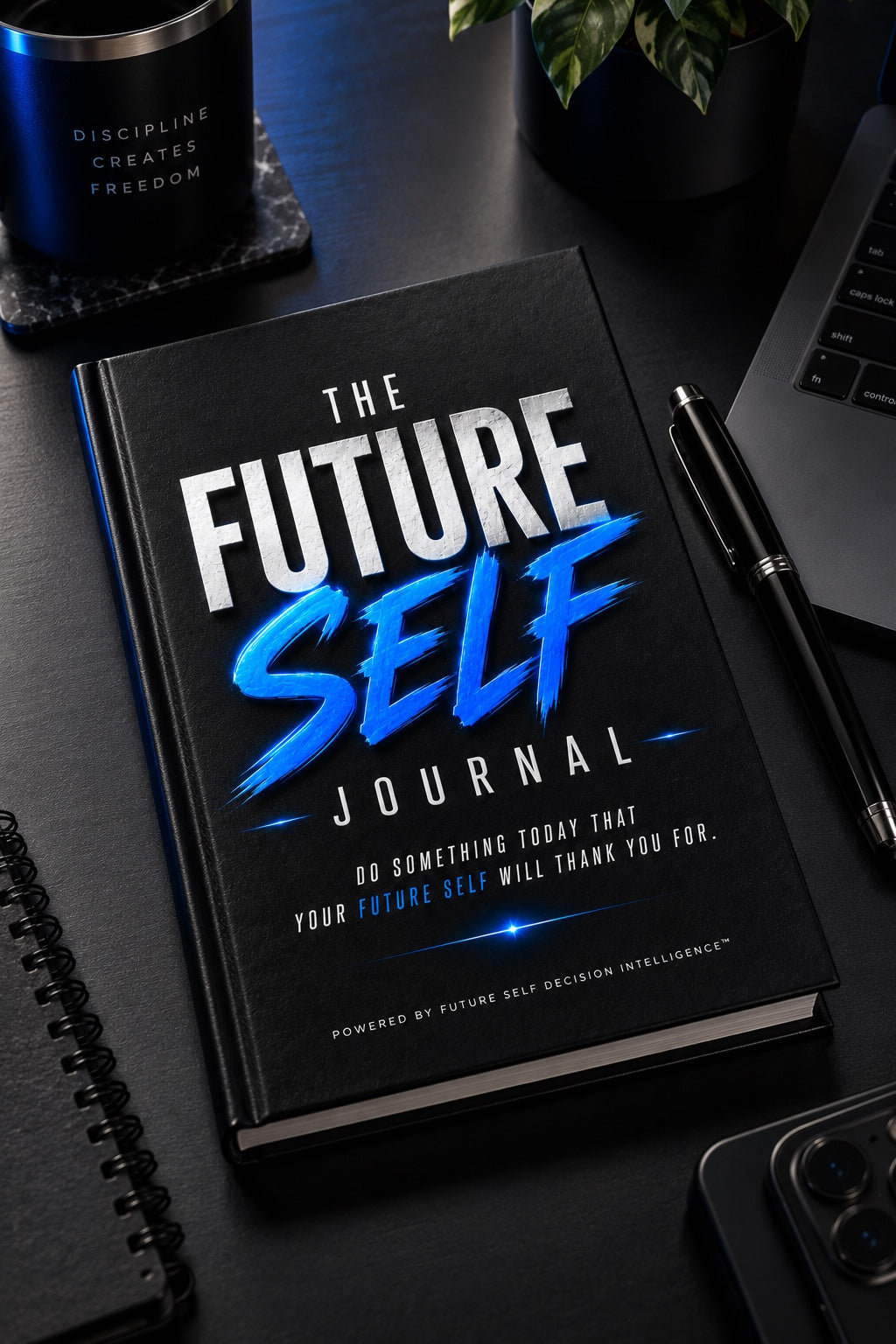 The Future Self Journal™ on a modern desk with pen and workspace accessories
