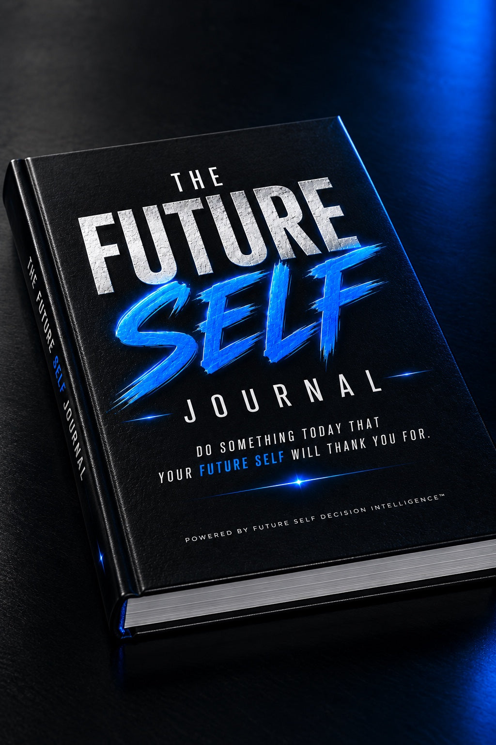 Close-up product view of The Future Self Journal™ showing cover, spine, and page edges