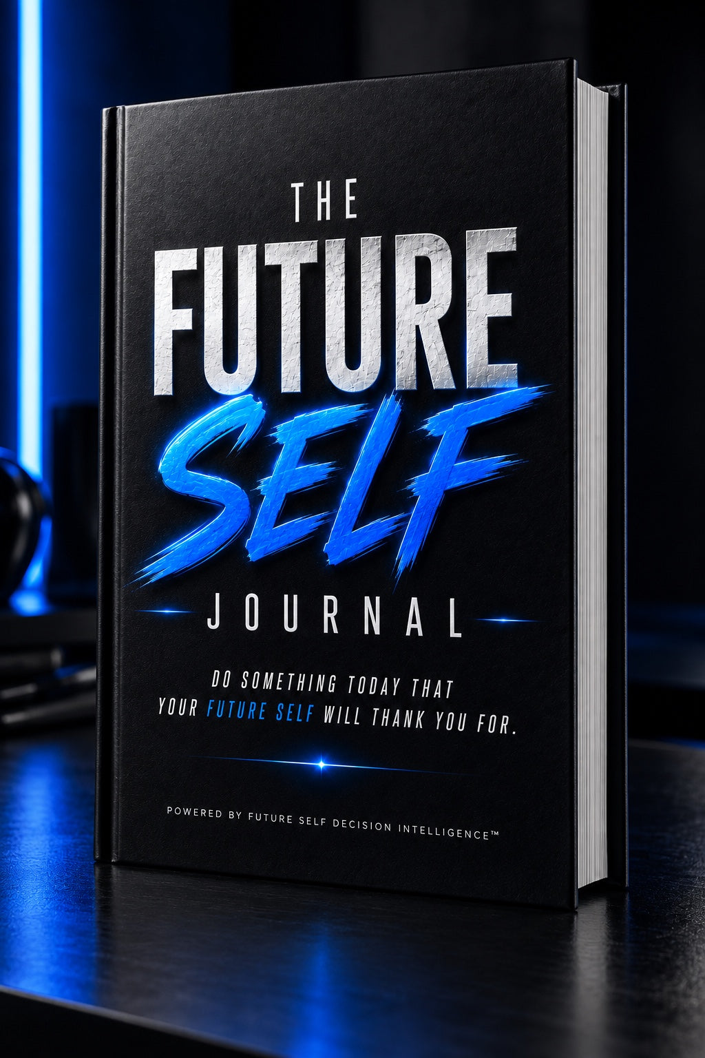 The Future Self Journal™ standing upright in a premium dark studio setting