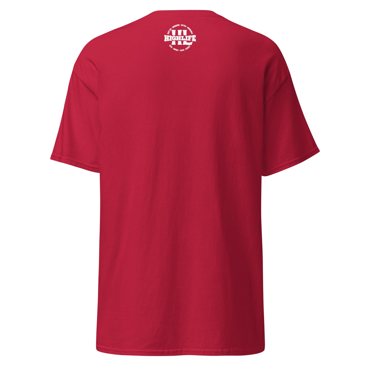 Back view of the 7 Steps to Success T-Shirt, showcasing the Highlife logo red