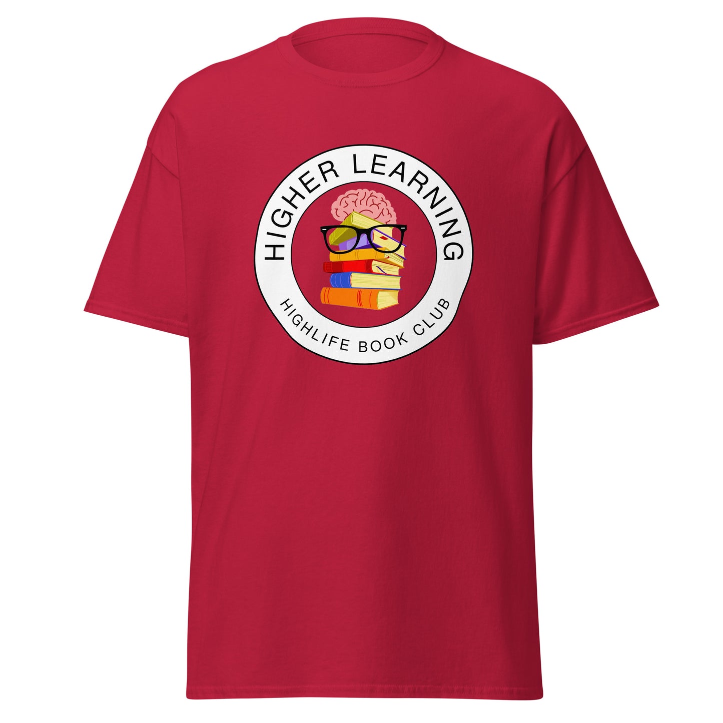 Higher Learning Highlife Book Club T-Shirt front view with book-inspired design Red