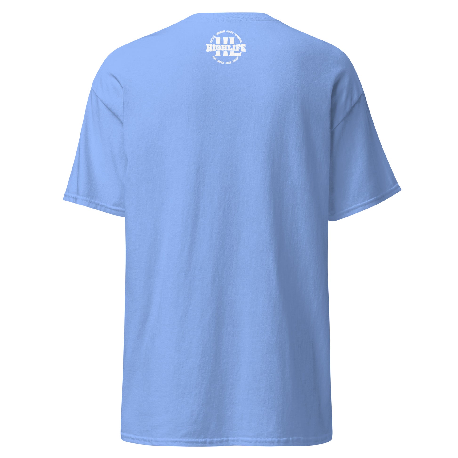 Highlife Mindfulness T-Shirt Back View Showing Logo Detail Carolina Blue