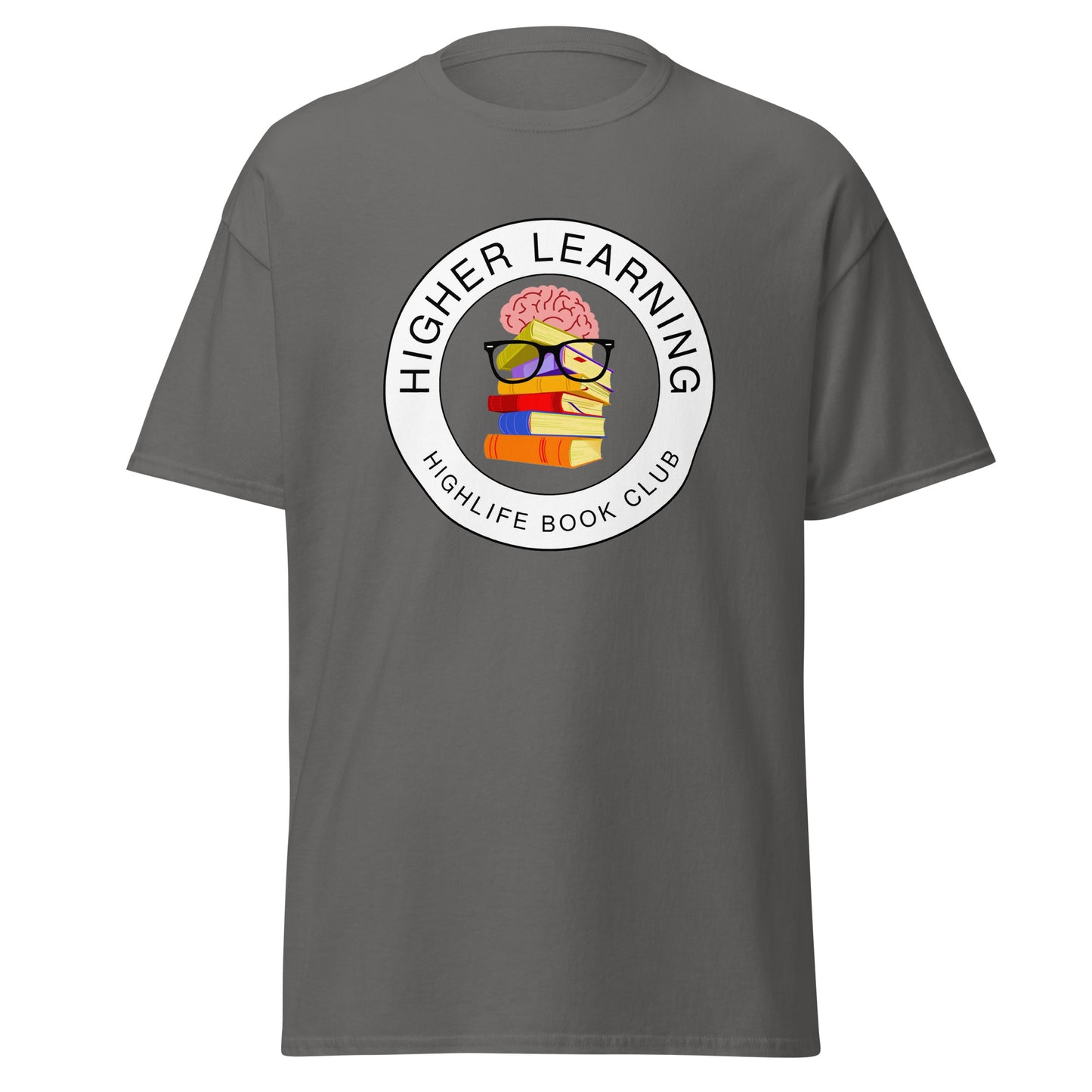 Higher Learning Highlife Book Club T-Shirt front view with book-inspired design Charcoal