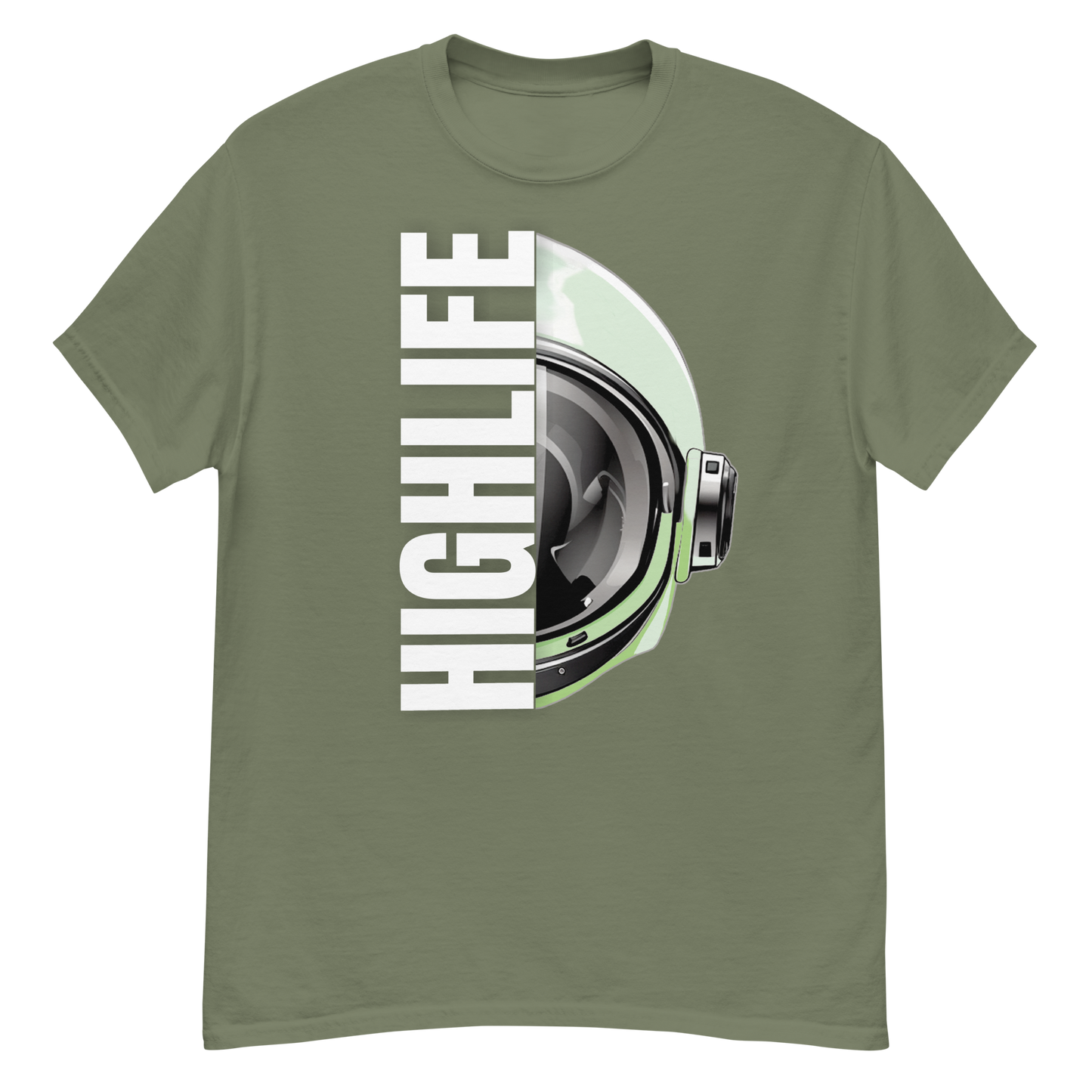 Limited Edition Highlife Astronaut T-Shirt front view with cosmic design military green