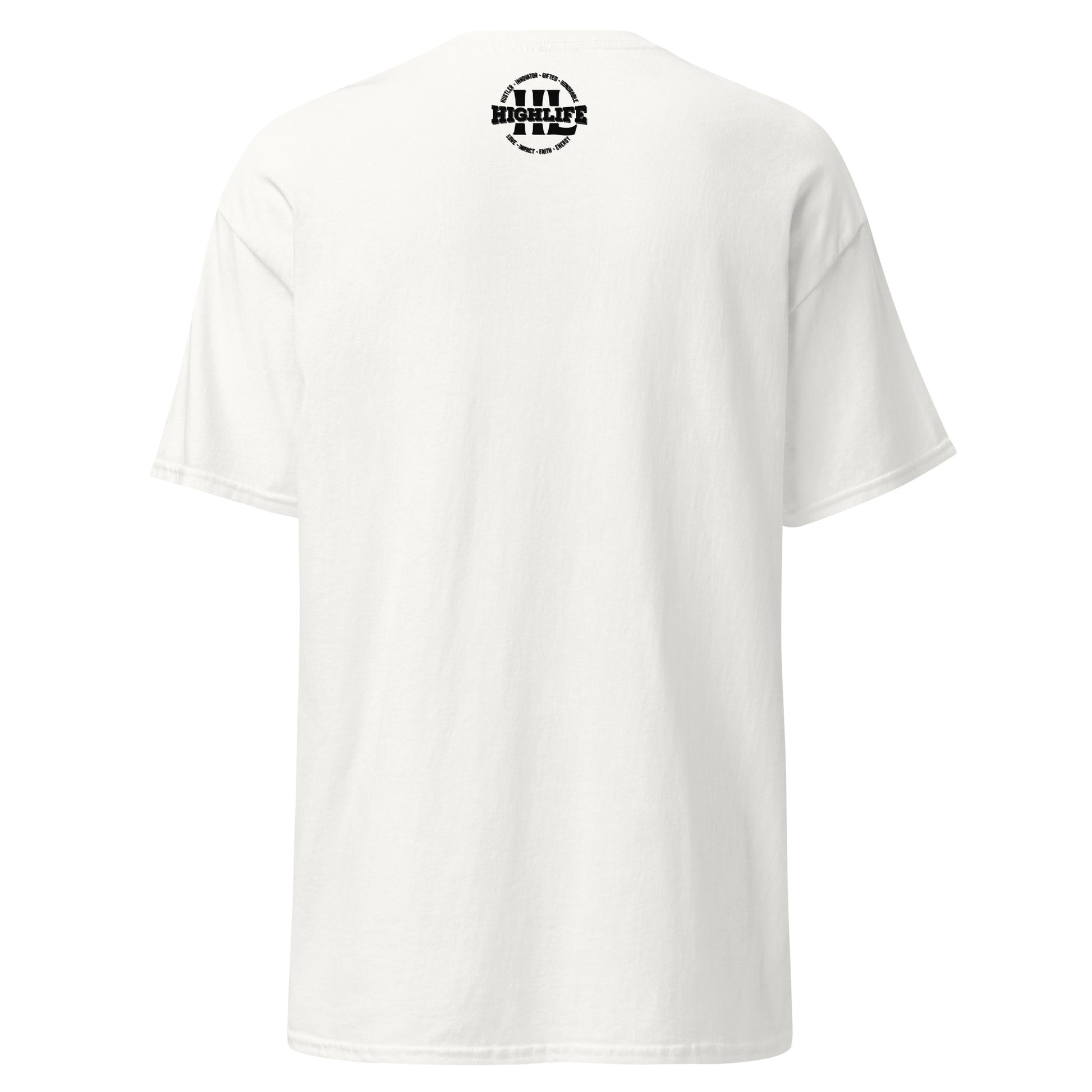 Back view of the 7 Steps to Success T-Shirt, showcasing the Highlife logo white