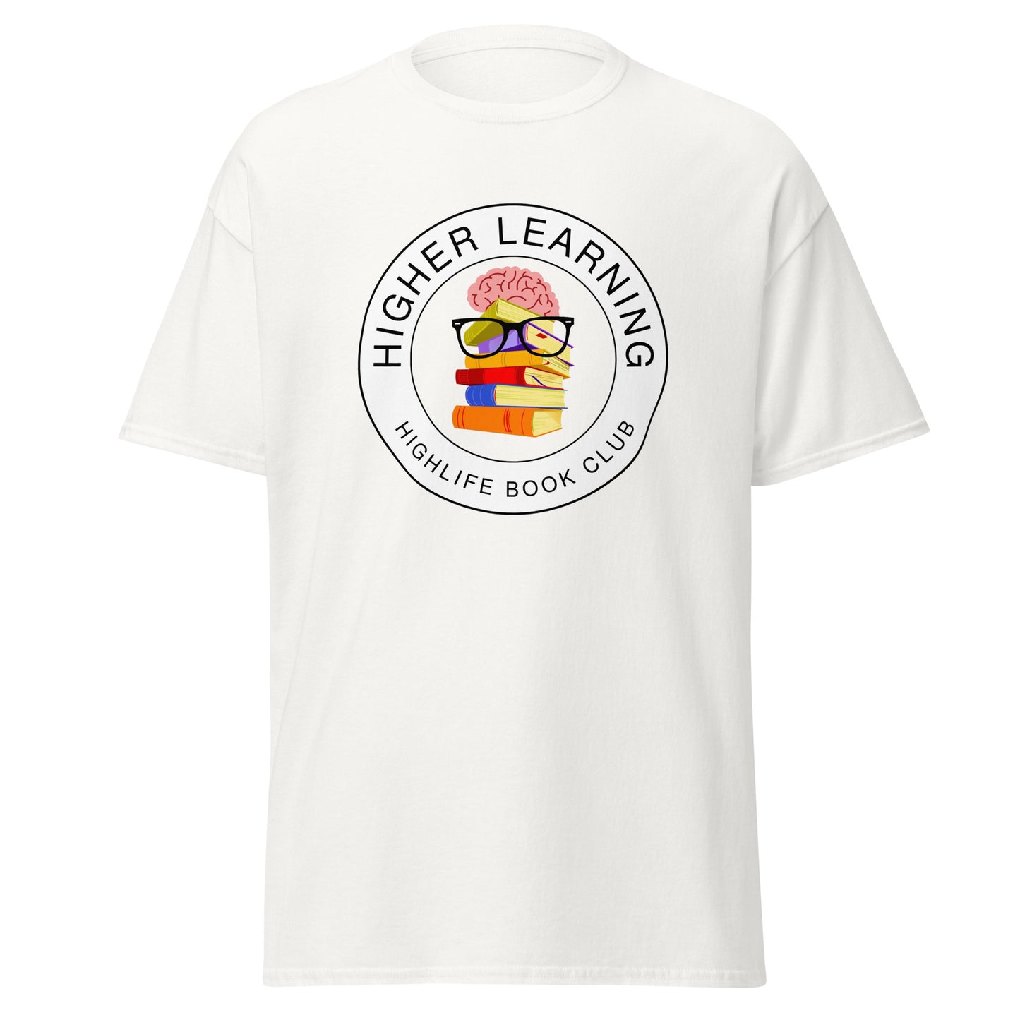 Higher Learning Highlife Book Club T-Shirt front view with book-inspired design white