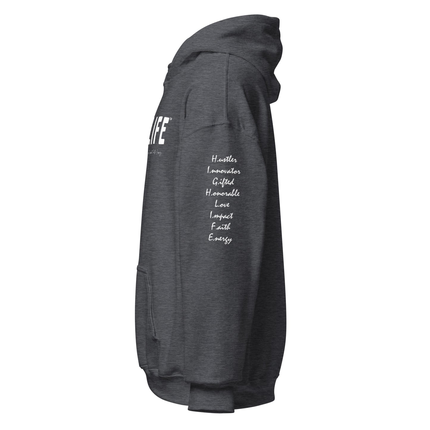 Side view of the Highlife Definition Hoodie, highlighting the logo and design details charcoal heather